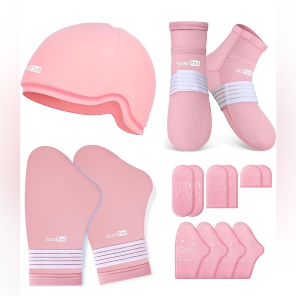 SuzziPad Cold Therapy Set Cap Socks Gloves Pink Reusable NEW - Picture 3 of 3
